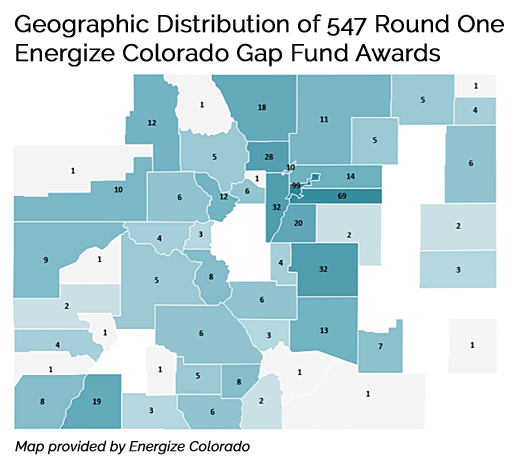 Map Showing Geographic Distribution of 547 Round 1 Awards from Energize Colorado Gap Fund