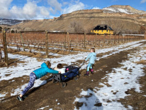 Two young children pushing a wagon through an open field in the winter