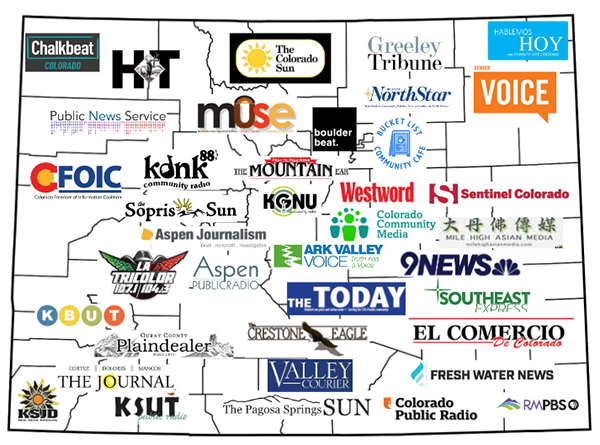 Logos of more than 30 newsrooms from across Colorado - all 2022 grantees of Colorado Media Project